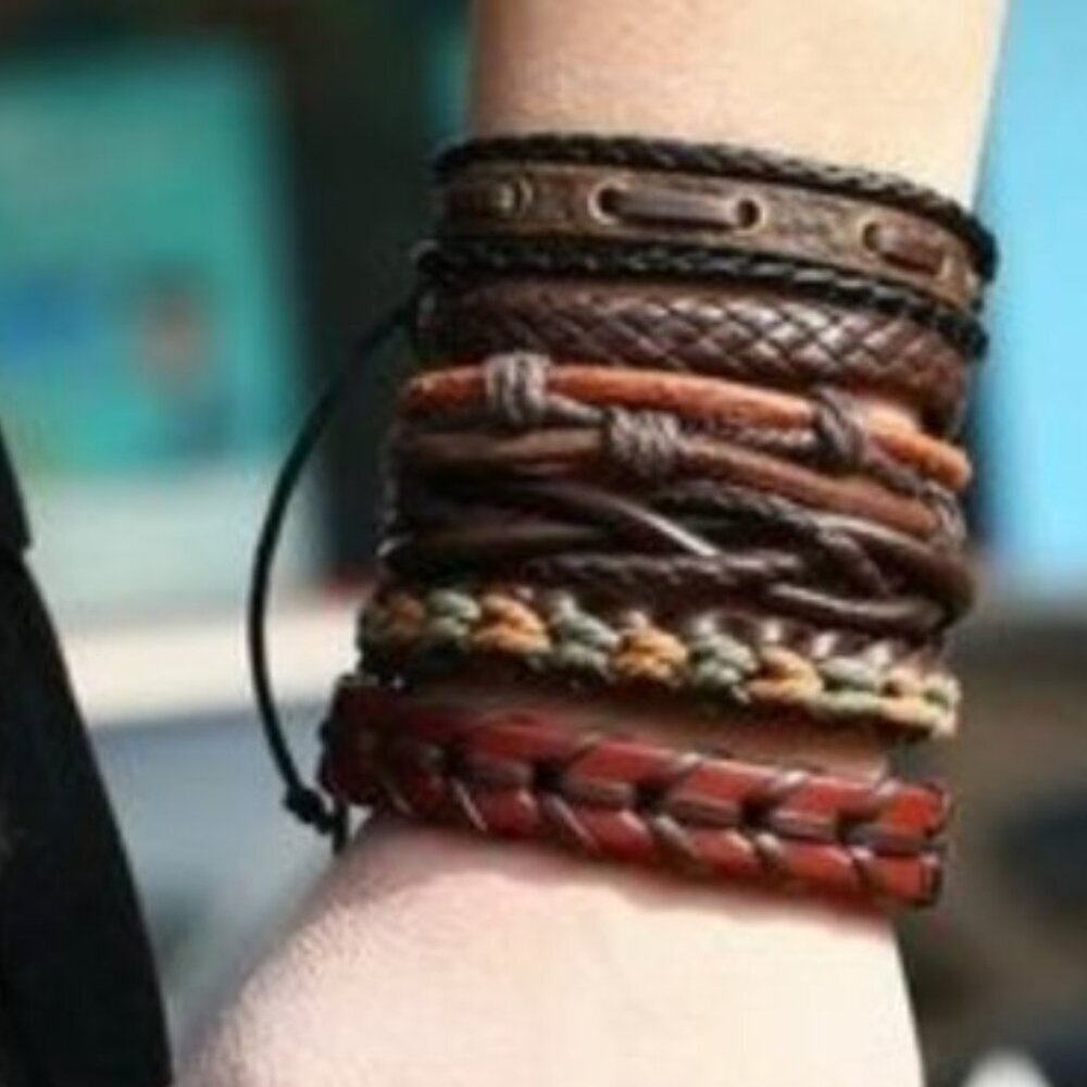 Mens Brown/Red Leather Braided  Bracelet Set of Six